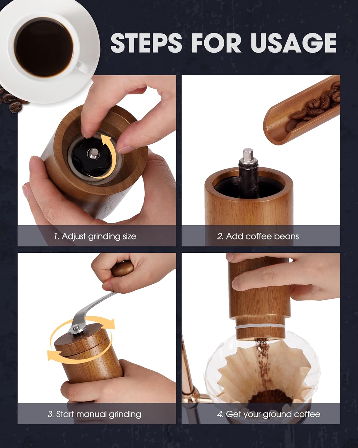 Manual Coffee Grinder, Coffee Bean Grinder with Adjustable Ceramic Burr, Vintage Style Wooden Hand Coffee Grinder, Portable Burr Coffee Grinder with Brush and Spoon （JX2022-CG10）