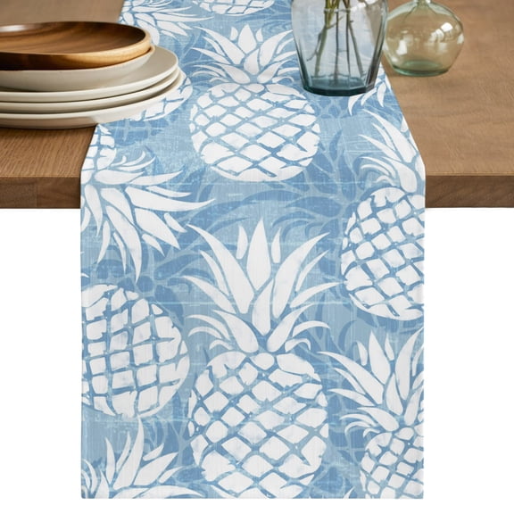Table Runner 60 Inches Long, Sky Blue White Pineapple Decorative Table Runner for Party Wedding Home Decor, Tropical Summer Botanical Fruits Dresser Scarves for Kitchen Tables Decor 13x60 Inch