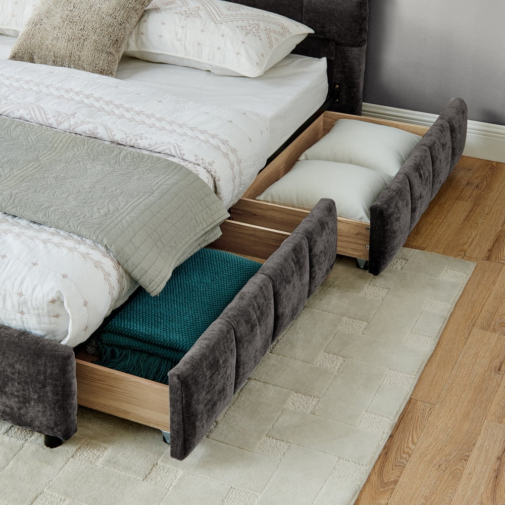 Hassch King Size Storage Bed with 4 Drawers, Chenille Fabric Upholstered Platform Bed Frame with Wood Slats Support, No Box Spring Needed, Dark Gray