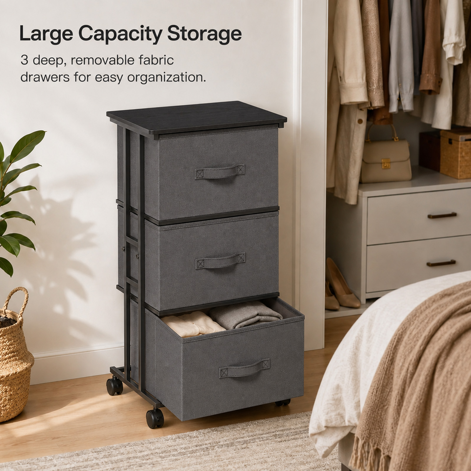 Alvantor Fabric Dresser 3 Drawer Storage Chest, Rolling Storage Tower, Vertical Storage Unit for Bedroom, Closet, Office