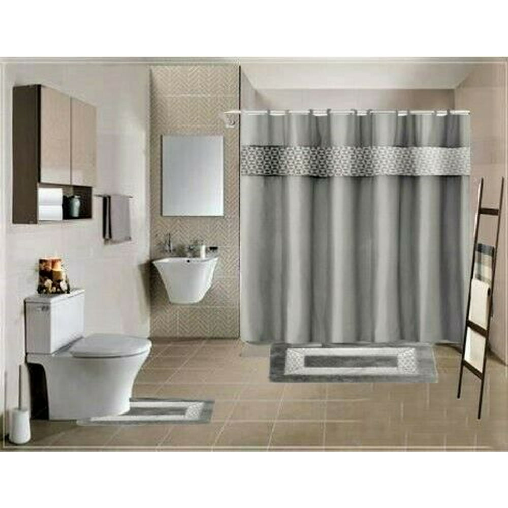 15PIECE BATHROOM SET 2RUGS/MATS NON SLIP, 1 FABRIC SHOWER CURTAIN