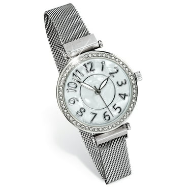 Collections Etc Adjustable Rhinestone Magnetic Mesh Stainless Steel Watch | Magnetic Closure | Comfortable Mesh | Mother of Pearl Face | 1.25" Dia | Easy-to-Read Numbers | One Size