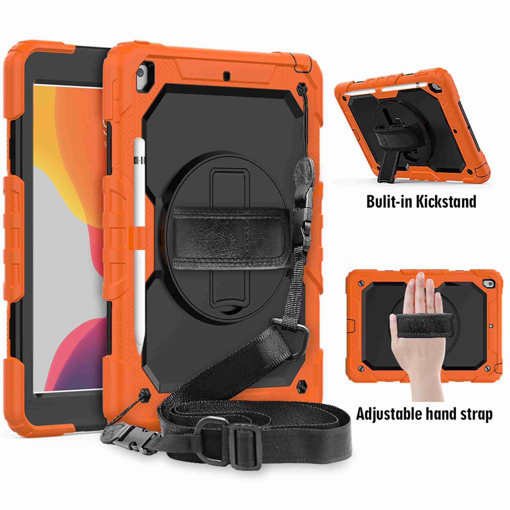 Dteck iPad 9th/ 8th/ 7th Generation Case (iPad 10.2 Case 2021/ 2020/2019) with Screen Protector Pencil Holder Kickstand Hand/ Shoulder Strap,Durable Protective Case for iPad 10.2 inch,orange+black