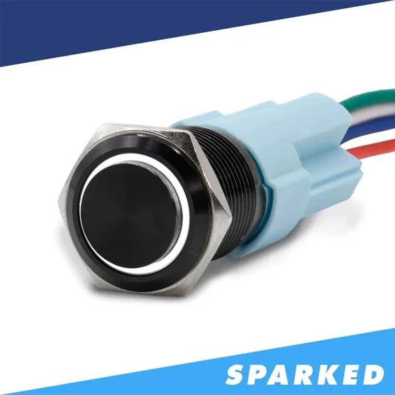 Sparked Innovations Black Latching 12V Push Button Switch Spdt Halo Ring - White