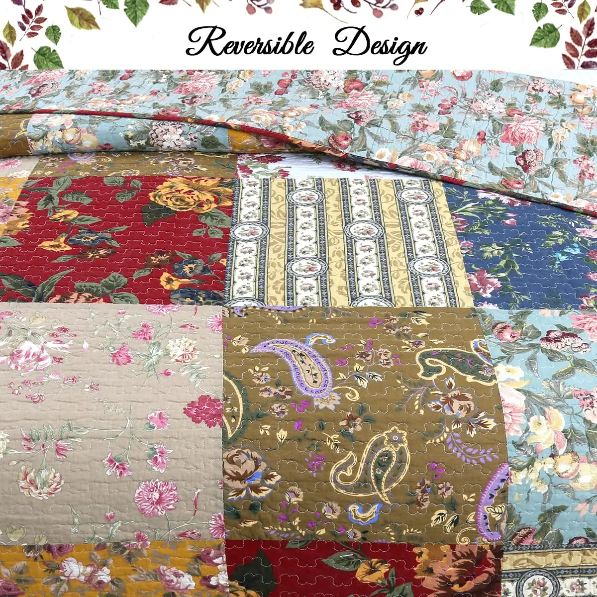 Cozy Line Home Fashions Country Floral True Patchwork 100% Cotton 3-Piece Reversible Quilt Bedding Set, King