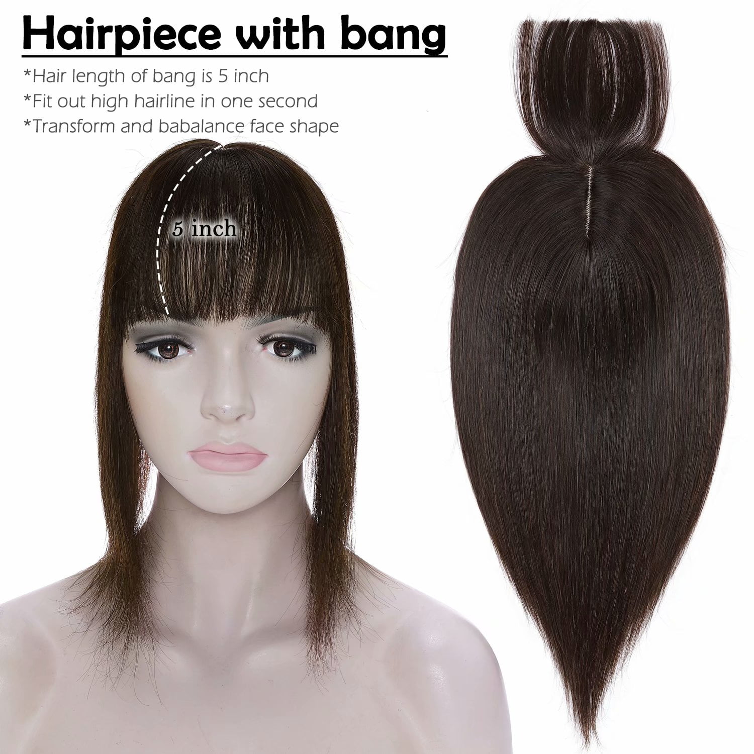 Benehair 100% Real Remy Human Hair Extensions Silk Base Clip In Topper Toupee Hairpiece With Bangs for Women Hair Loss Brown