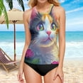 thumbnail image 5 of Women's Printed Tankini Top - High Elasticity Slim-Fit Swimsuit with Removable Straps & Cups, Perfect for Beach & Pool Parties，A Cute Calico Cat, 5 of 7