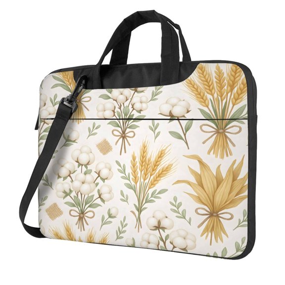 Ultra Slim Laptop Bag Waterproof Computer Case Shoulder Crossbody Tote With Padded Strap Side Storage 14 Inch Farmhouse Wheat And Cotton Pattern