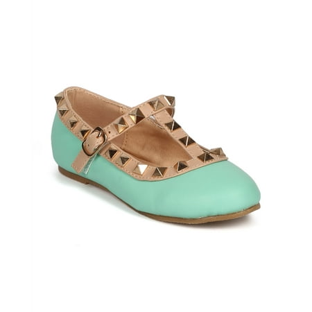 

New Girl Fab Kicks K-Jovie-27 Leatherette Round Toe Studded T-Strap Ballet Flat