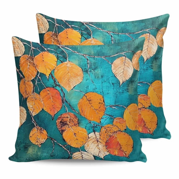 Pillow Covers 18x18 Set of 2, Orange Leaf Throw Pillow Covers Decorative Couch Cushion Cover, Abstract Oil Painting Branch Turquoise Microfiber Soft Square Pillowcases for Bedroom Living Room Sofa