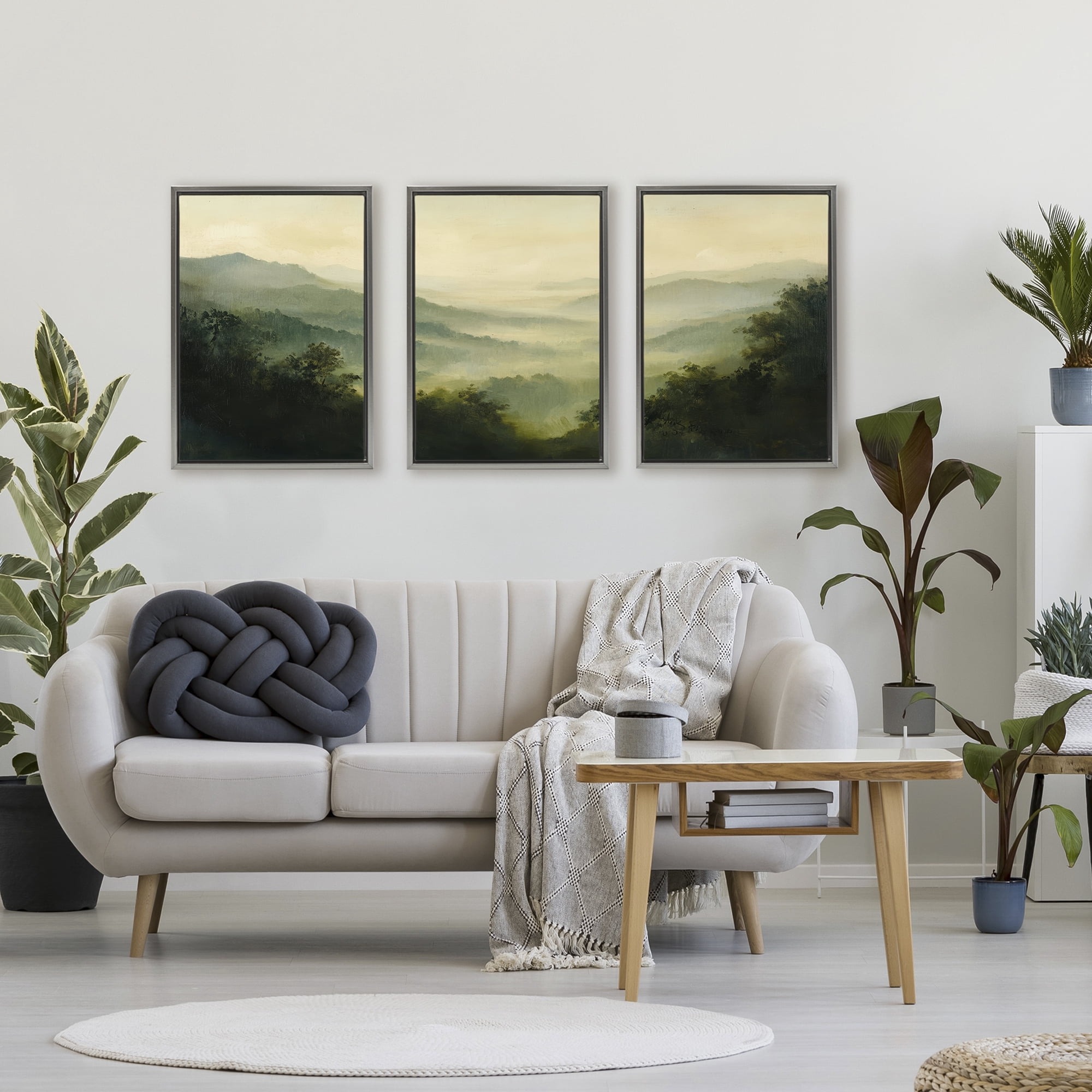 Stupell Industries Through The Haze Mountain Panorama 3 Piece Gray Framed Floater Canvas Set, design by Petal Prints Design
