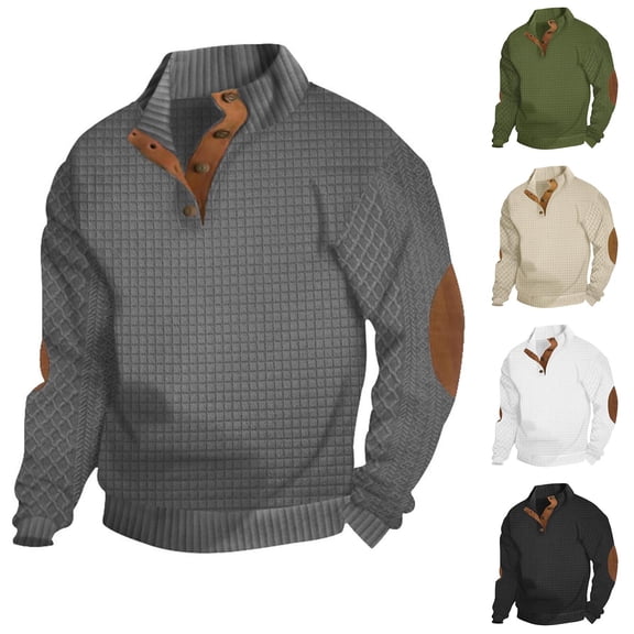 Miluxas Mens Casual Knitted Pullover Sweater Long Sleeve Stand Collar Vintage Button Sweaters with Elbow Patches White