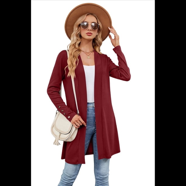 Cárdigan Informal para Mujer con Bolsillos, Holgado, de Larga y Abertura Frontal, Vino Tinto, Talla XL