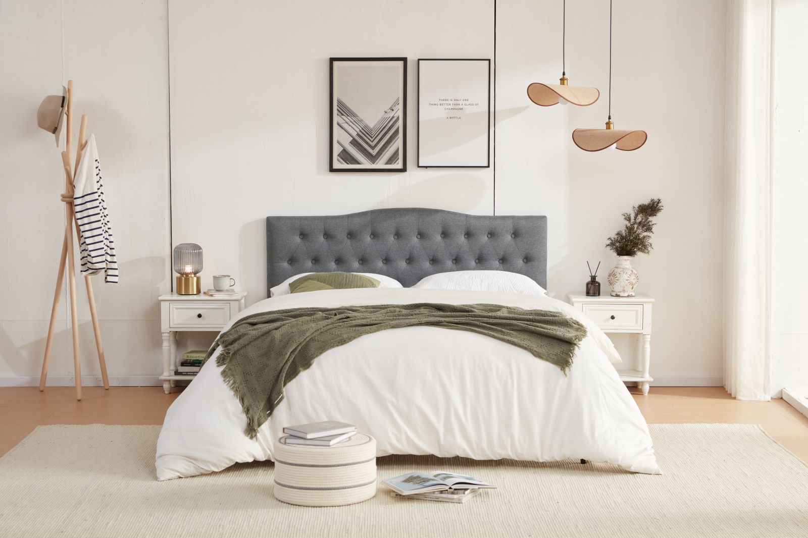 Light Grey Modern Channel-Tufted Head...