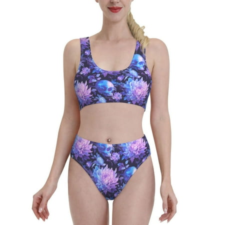 High Waisted Bikini Sets For Women  Pink White Skull Flower Two Piece Swimsuit Sporty Scoop Neck Bathing Suit