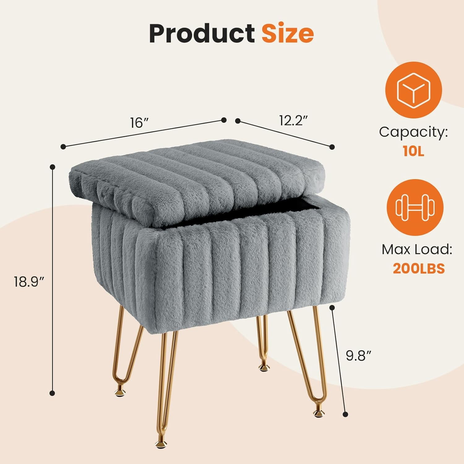 Simenmax Vanity Stool Chair with Storage, Ottoman Faux Fur Soft Padded Makeup Footstools Seat with 4 Metal Legs Anti-Slip Adjustable Feet Modern Cute Small Footrest for Home Entryway Bedroom,Gray