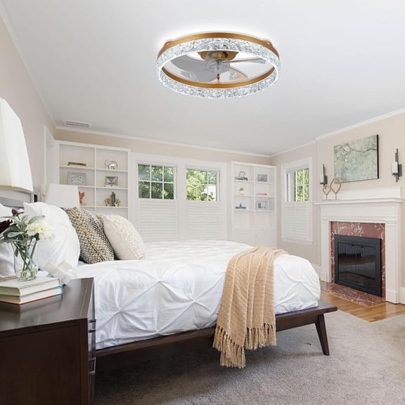 19.7 Inch  Chandelier Ceiling Fan with Light, Dimmable Low  Flush Mount Fandelier for Bedroom Living Room Kitchen, Gold