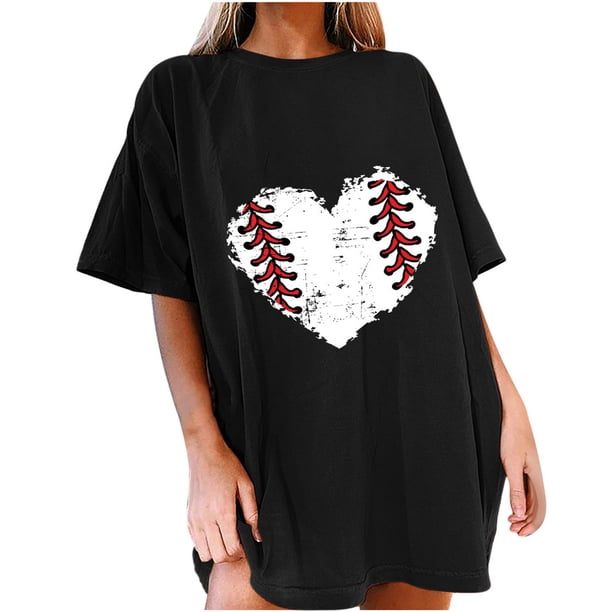 Tops de manga corta con hombros caídos informales de verano para mujer, camisetas divertidas con cuello redondo y estampado de béisbol OAVQHLG3B Store lin121212
