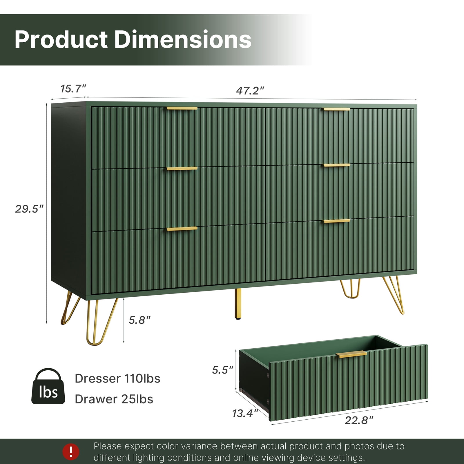 Furniway Modern 6-Drawer Dresser for Bedroom, Green, 29.5 x 15.7 x 47.2 Inches