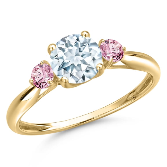 Gem Stone King 10K Yellow Gold Sky Blue Aquamarine and Pink Lab Grown Diamond 3-Stone Ring for Women | 1.01 Cttw | Round 6MM | Gemstone March Birthstone | Size 8