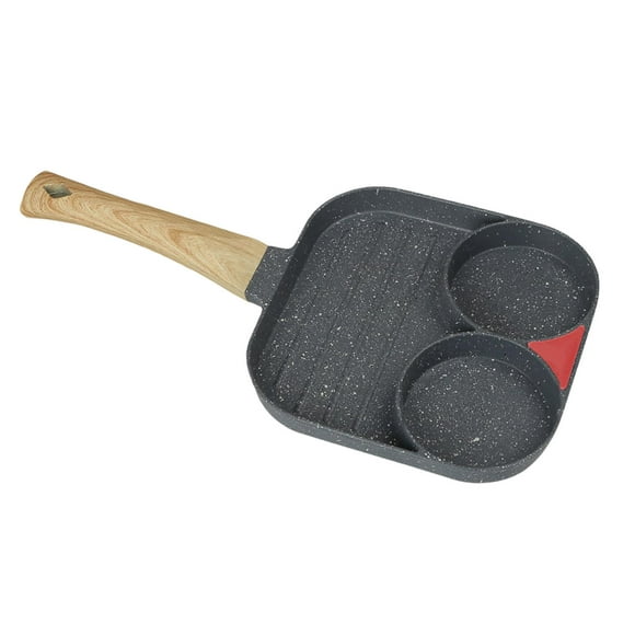 Breakfast Frying Pan with Wooden Handle Egg Cooker Pan 3 Section Divided Skillet Black