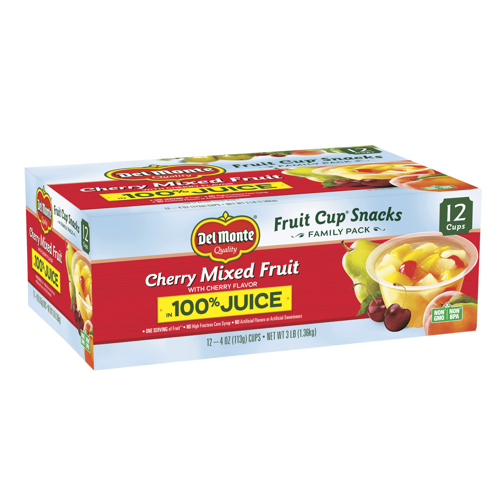 (12 Cups) Del Monte Cherry Mixed Fruit, Fruit Cup Snacks, 100 Juice, 4