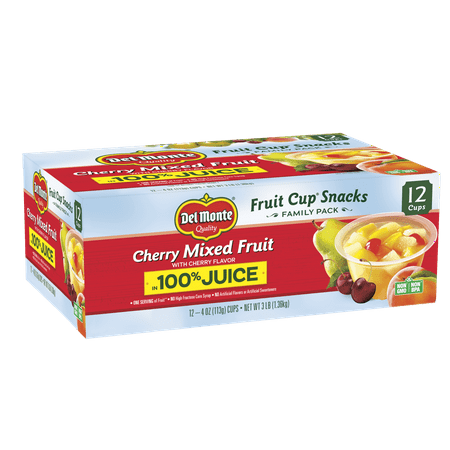 (12 Cups) Del Monte Cherry Mixed Fruit Cup Snacks in 100% Juice, 4 oz
