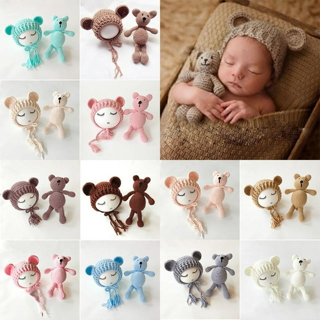 Newborn Baby Girl Boy Crochet Knit Costume Bear Hat Set Photography Photo Props