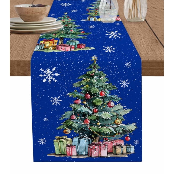 Ldtrchee Blue Tree Christmas Table Runner 48 Inches, Xmas Snowflake Watercolor Bed Runner Dresser Scarves Tabletop for Indoor Outdoor Parties/Ceremony/Banquet, 13" x 48"