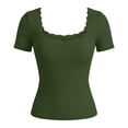thumbnail image 3 of idosla Women Y2k Short Sleeve Shirt Slim Fit Lace Trim Ribbed T-Shirt Aesthetic Clothes Cute Summer Tee Top for Teen Girls (Army Green, XL), 3 of 6