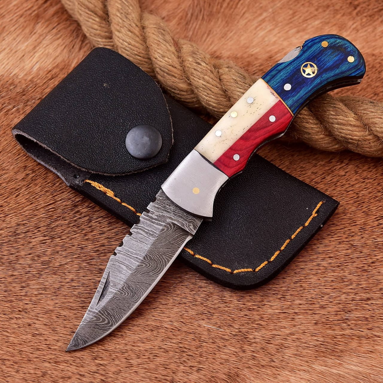 Custom Handmade Damascus Steel Folding Knife/Pocket Knife SS-17504 5 Pcs. Lot (Red and Blue Colored Wood)