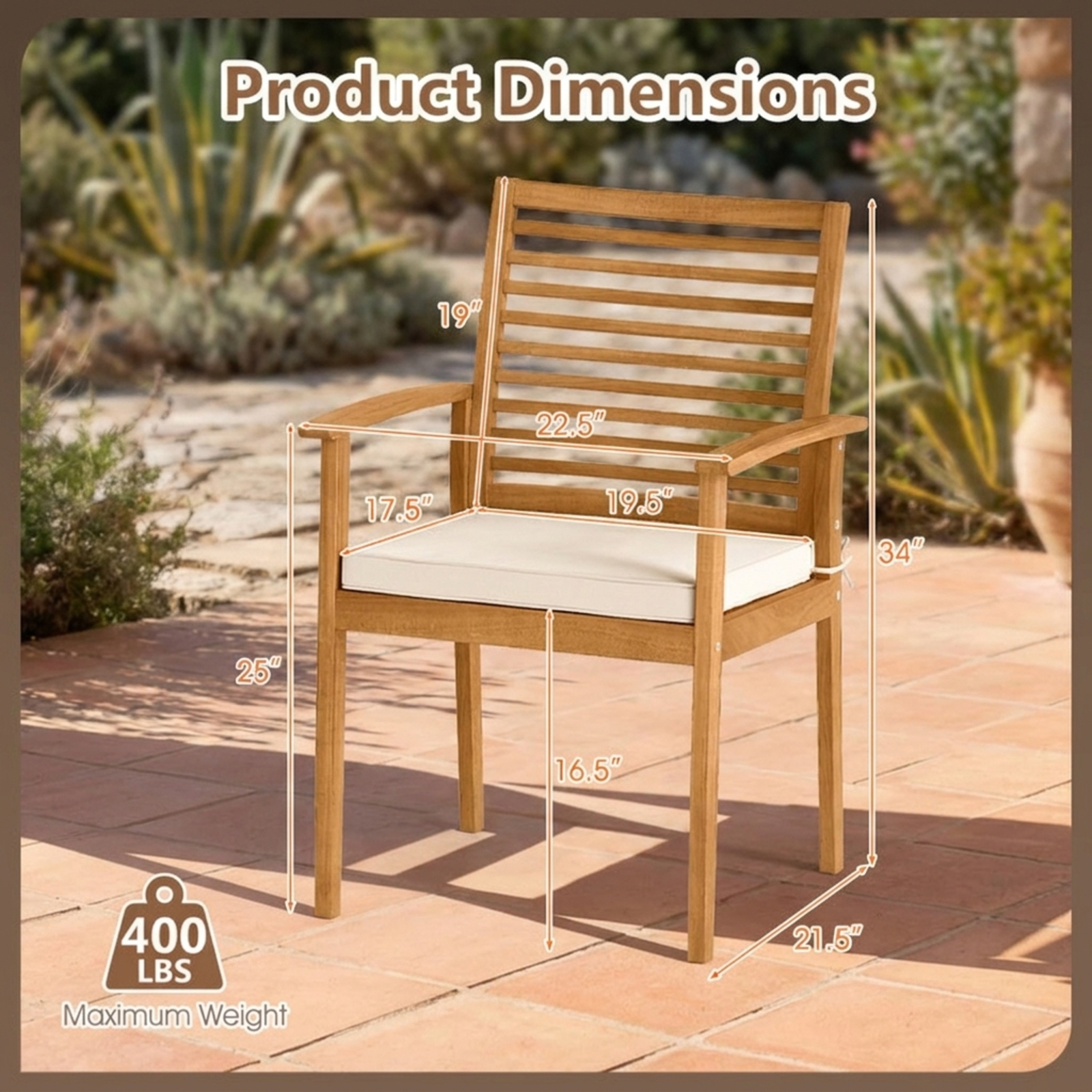 Furnibear Outdoor Patio Dining Chairs Set of 2 Acacia Wood Conversation Chairs with Removable Padded Cushion and Slatted Backrest, Beige