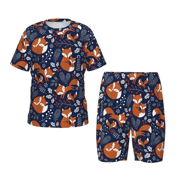 Fotbe Cute Foxes Pijama Estampada de 2 Piezas para Niños – Ropa de Dormir de Manga Corta Cómoda para Niños y Niñas, Camiseta y Shorts de Algodón-X-Large