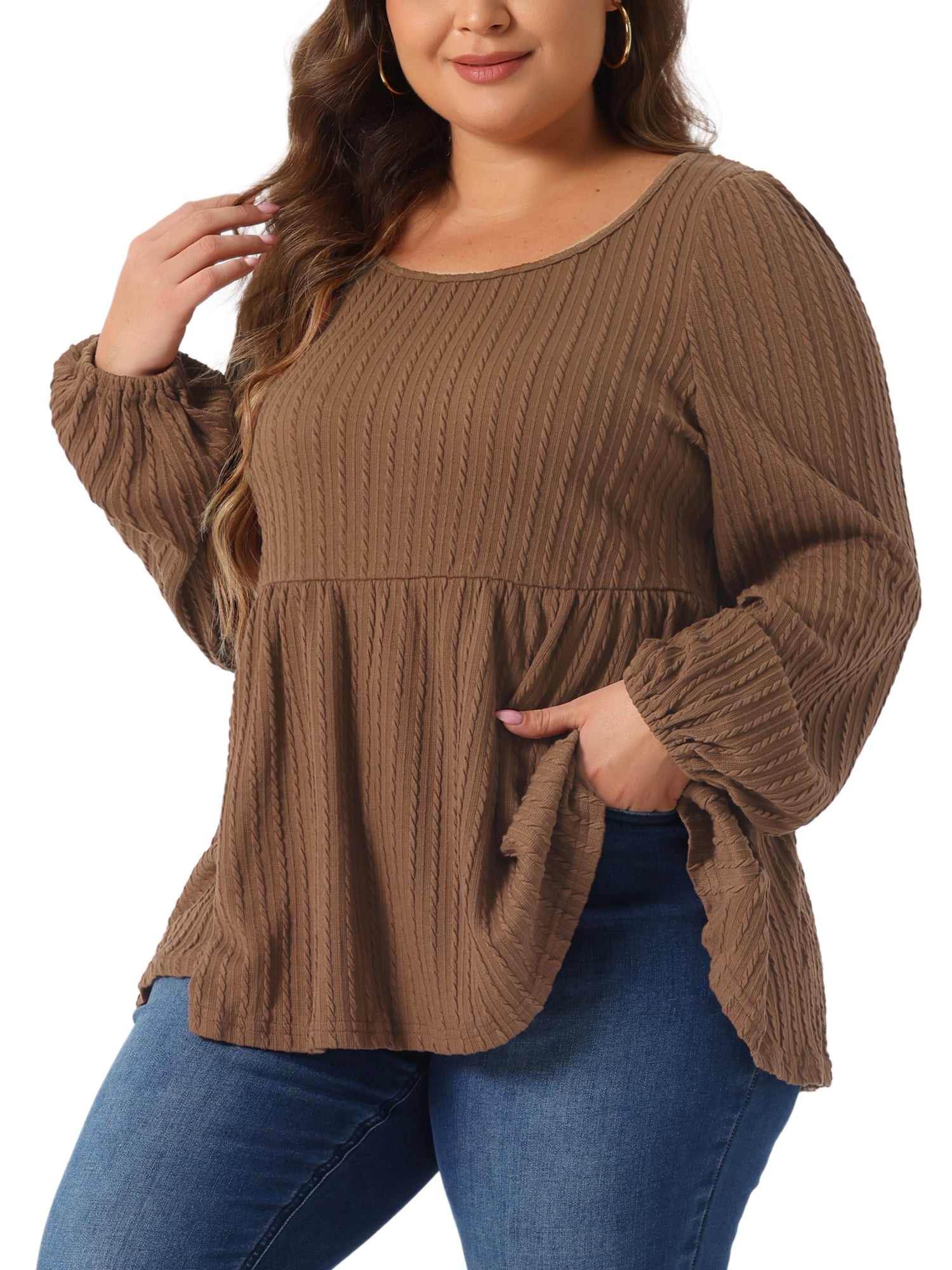 DARING DIVA Women's Plus Blouses Scoop Neck Ruffle Hem Peplum Knit Top 3X Brown