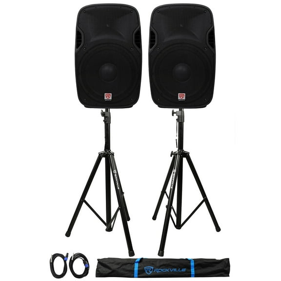 2 Rockville SPGN154 15" Passive 1600W ABS Plastic PA Speakers Stands Cables Bags