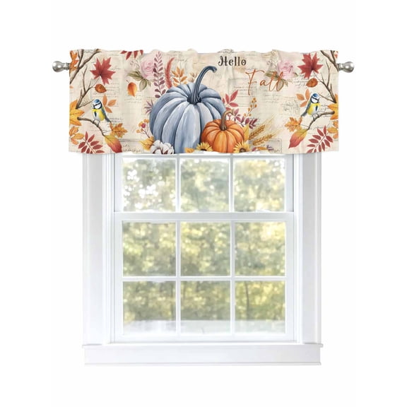 Hello Fall Valances for Windows Thanksgiving Pumpkin Flower Leaves Retro Texture Kitchen Valance Curtain Rod Pocket Small Curtains for Cafe Bathroom Laundry Basement 54" x 18"