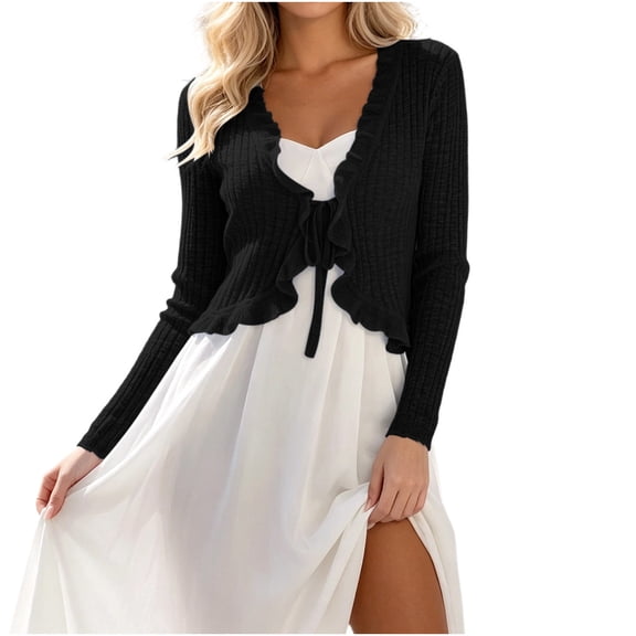 Womens Ribbed Knit Long Sleeve Tops Lightweight Tie Front Cropped Cardigans Cute Scalloped V Neck Cover Ups Shrugs