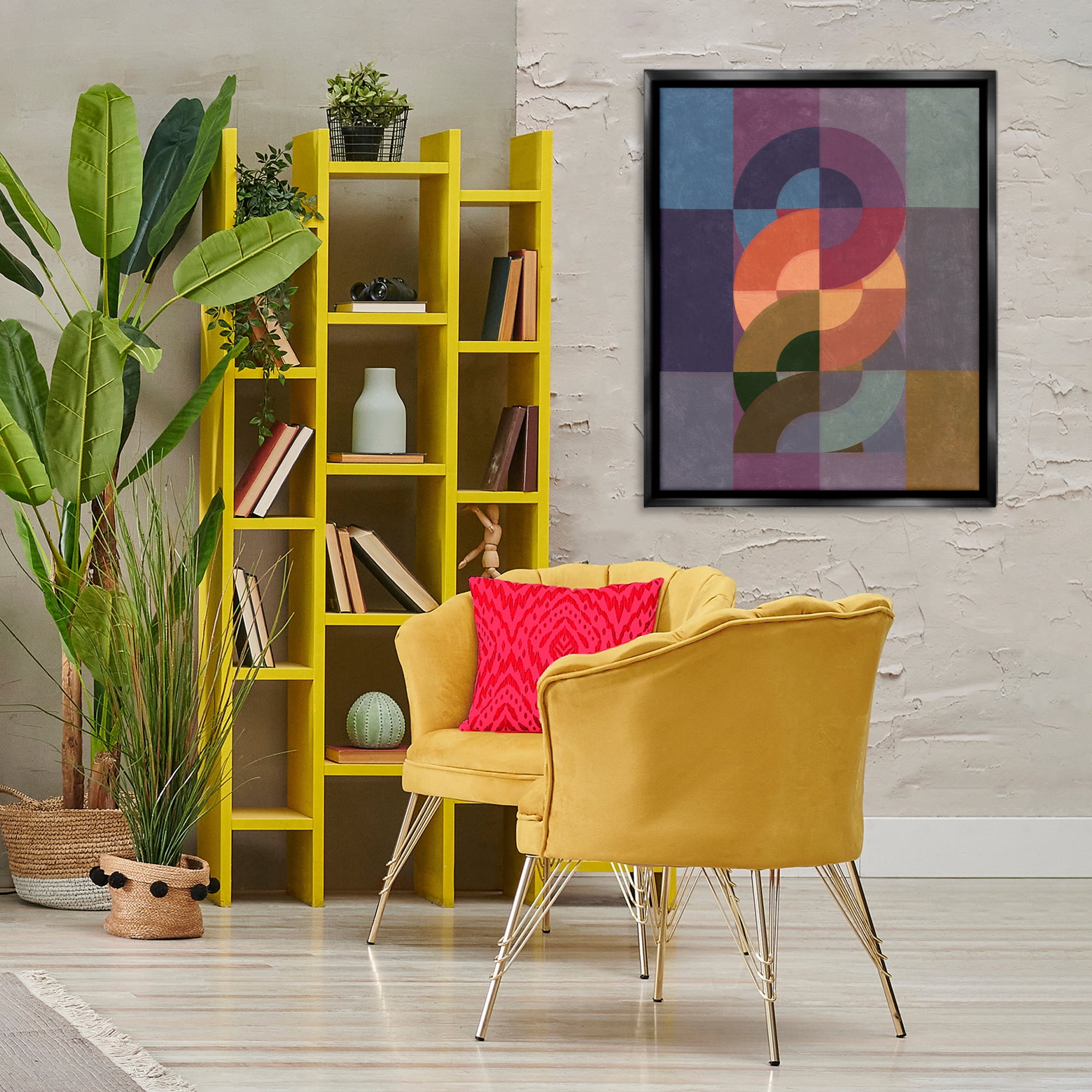 Stupell Industries Modern Interlocking Circles Abstract Painting Black Floater Framed Canvas Art Print Wall Art, 25 x 31