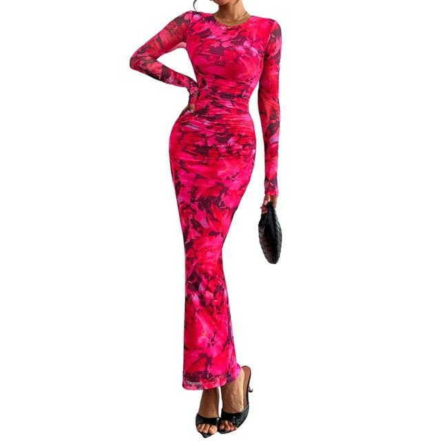 Vestido PRETTYGARDEN 2025 de manga larga ajustado con fruncido XXL