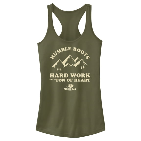 Junior's Mossy Oak Humble Roots Hard Work and a Ton of Heart Racerback Tank Top Military Green Medium