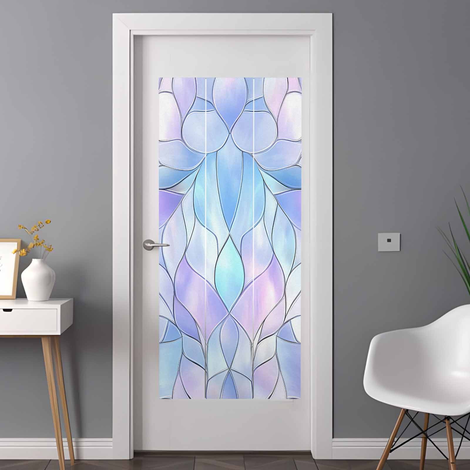 Stained Glass Window Privacy Film, Blue Purple Floral Geometric Static Cling UV Sun Blocking Heat Control Window Tint Day and Night, Non-Adhesive Reusable One Way Windows Privacy Cover 35.4''x78.7''