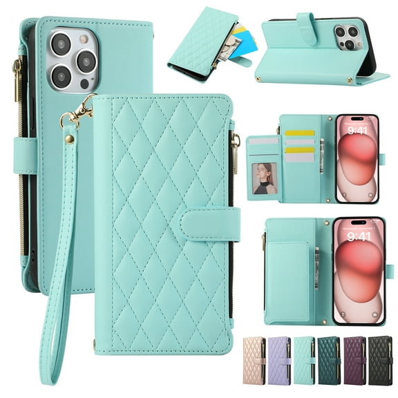 Allytechgroup Stylish iPhone 16 Case Wallet with Card Slots and Zipper Pocket, Hand Wrist   Crossbody Strap RFID Blocking Girls Women Phone Case for Apple iPhone 16, Skyblue