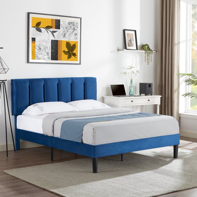 VECELO Twin/Full/Queen Upholstered Bed Frame with Adjustable Headboard, No Box Spring Needed/Easy Assembly, Dark Blue