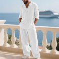 thumbnail image 2 of Awwp Men Set Linen Suit Men's Clothing Casual Beach V Neck Loose Long Sleeved Pants Sports Suit for Men White M, 2 of 4