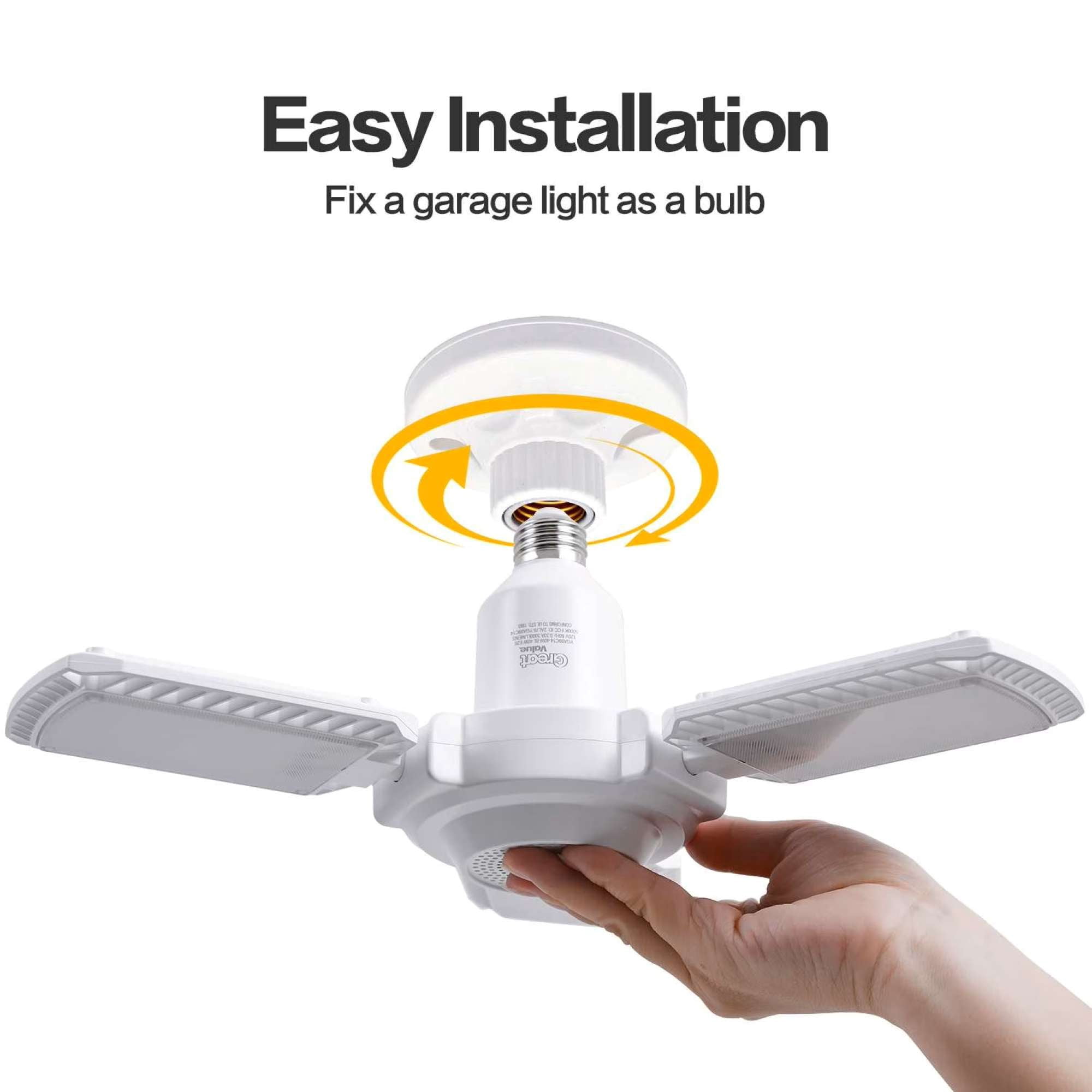 Great Value LED Garage Light with Bluetooth Speaker, 3000 Lumens, 3 Adjustable Panels, E26 Base, 5000K Daylight, 40W, Screw-In Ceiling Shop Light for Garage, Workshop, Basement, Attic, 1 Pack