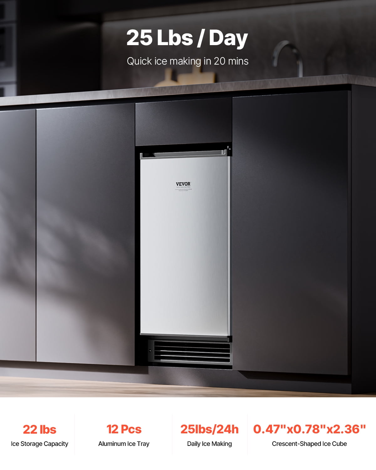 VEVOR Undercounter Built-in Ice Maker, 25 Lbs/Day Under Counter Ice Maker Machine with Reversible Door Stainless Steel, Freestanding Ice Maker for Commercial Home Kitchen, No Drain Required