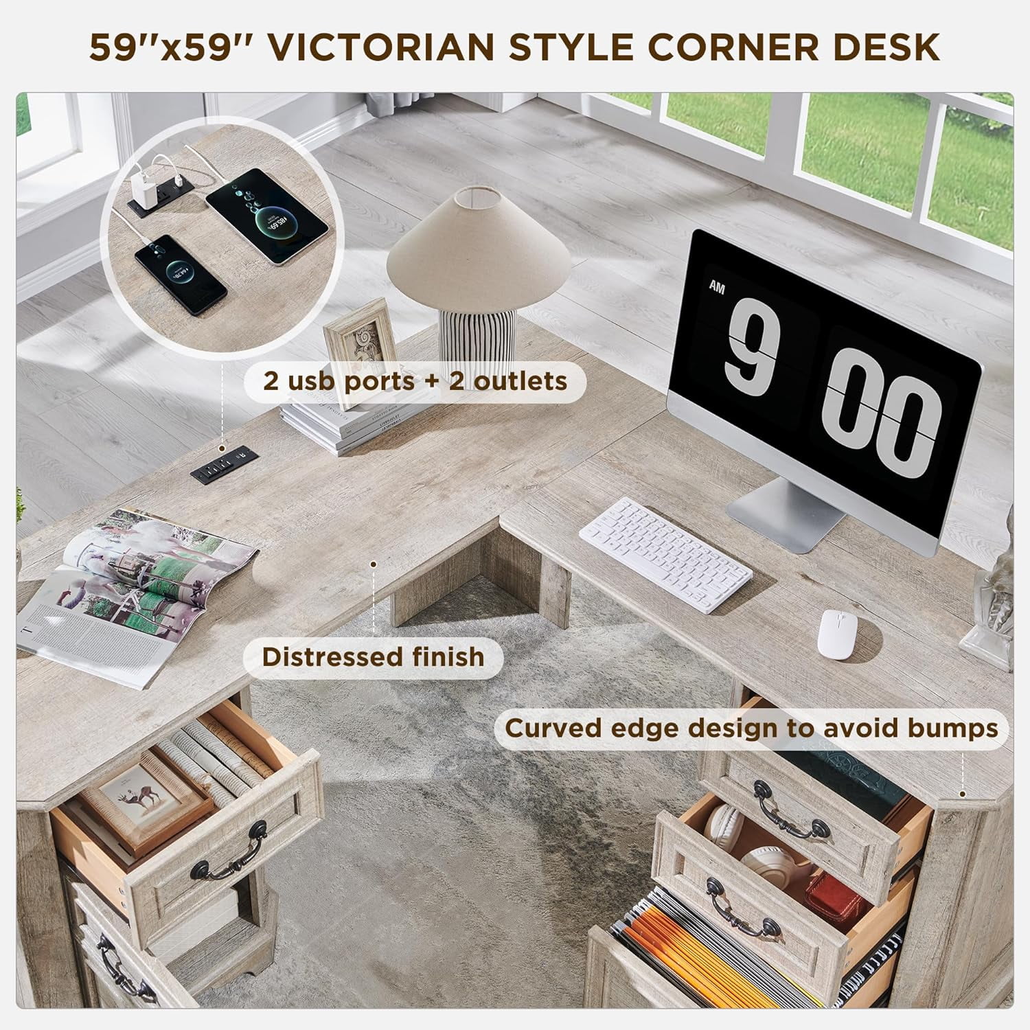OKD Farmhouse L Shaped Desk with Charging Station and Drawers，Engineered Wood Executive Desk，for Home Office & Living Room