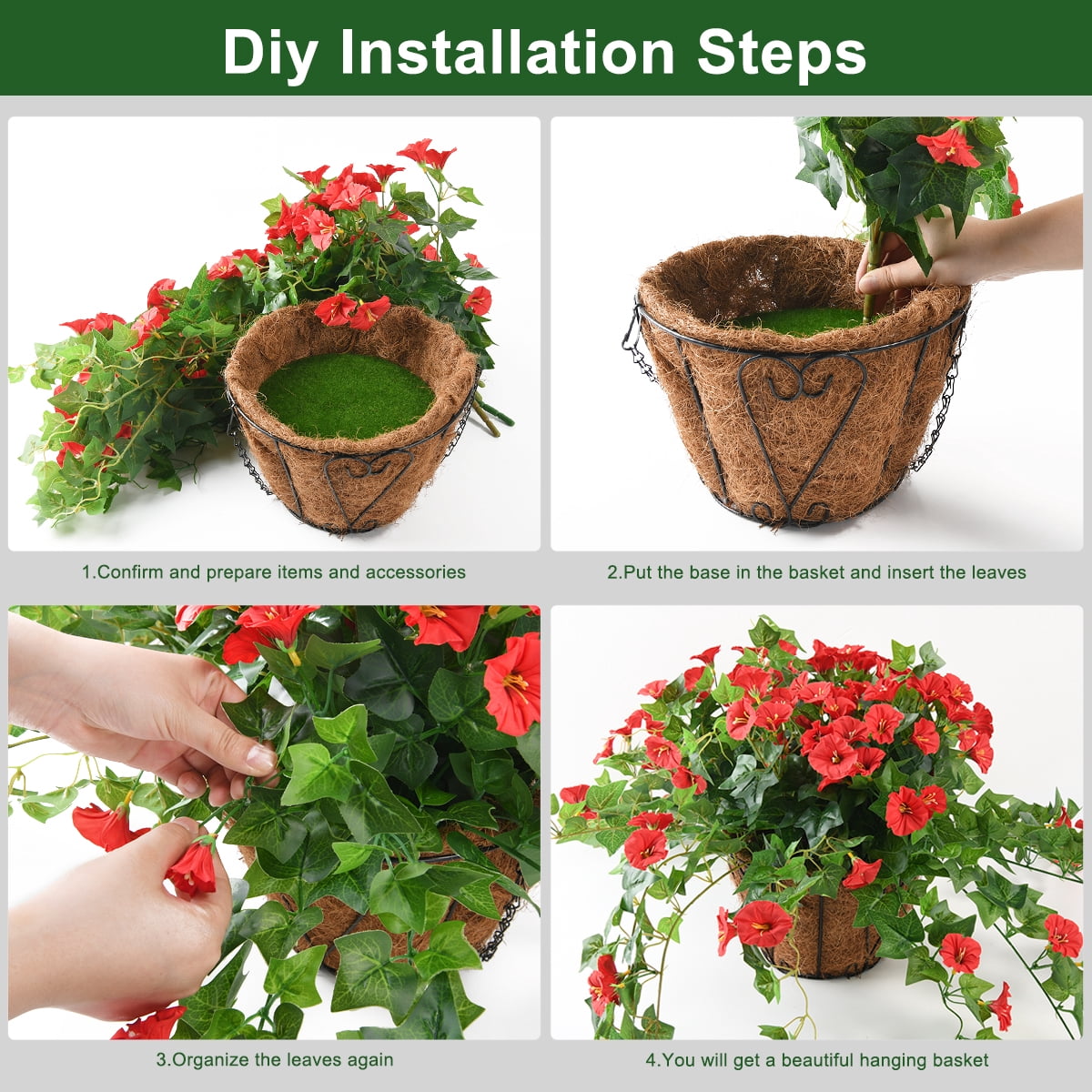 Artificial Hanging Flowers in Basket Outdoor Indoor Patio Garden Decor, Faux Flower Centerpieces,Fake Silk Hanging Basket Morning Glories Flowers Plants with Cane Weaves Flowerpot (Red)