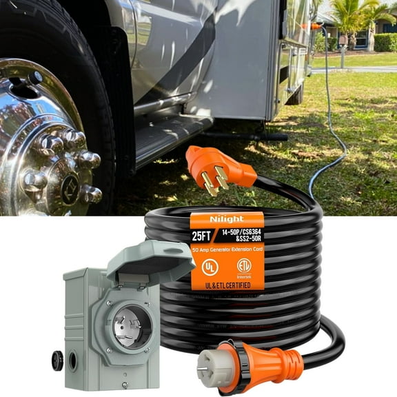 Nilight 50A 25FT Generator Extension Cord and Power Inlet Box 125/250V Heavy Duty 6/3 8/1 Gauge STW ETL Listed NEMA 14-50P/SS2-50R Twist Lock Connector for RV