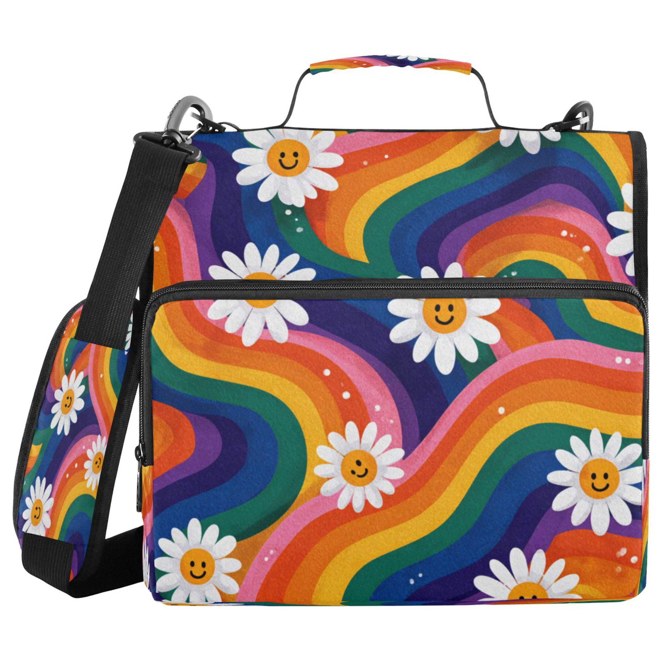 Zipper Binder 3 Rings Stationery Office Files Daily Organizer File Folder Storage Bag Rainbow-colored Waves with Daisies
